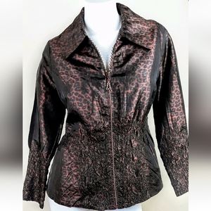 Jerry T Sz S Jacket Animal Print Decorative Zipper Crinkle Stretch Rust Brown